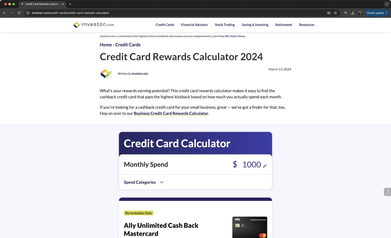Credit card comparison platform screenshot